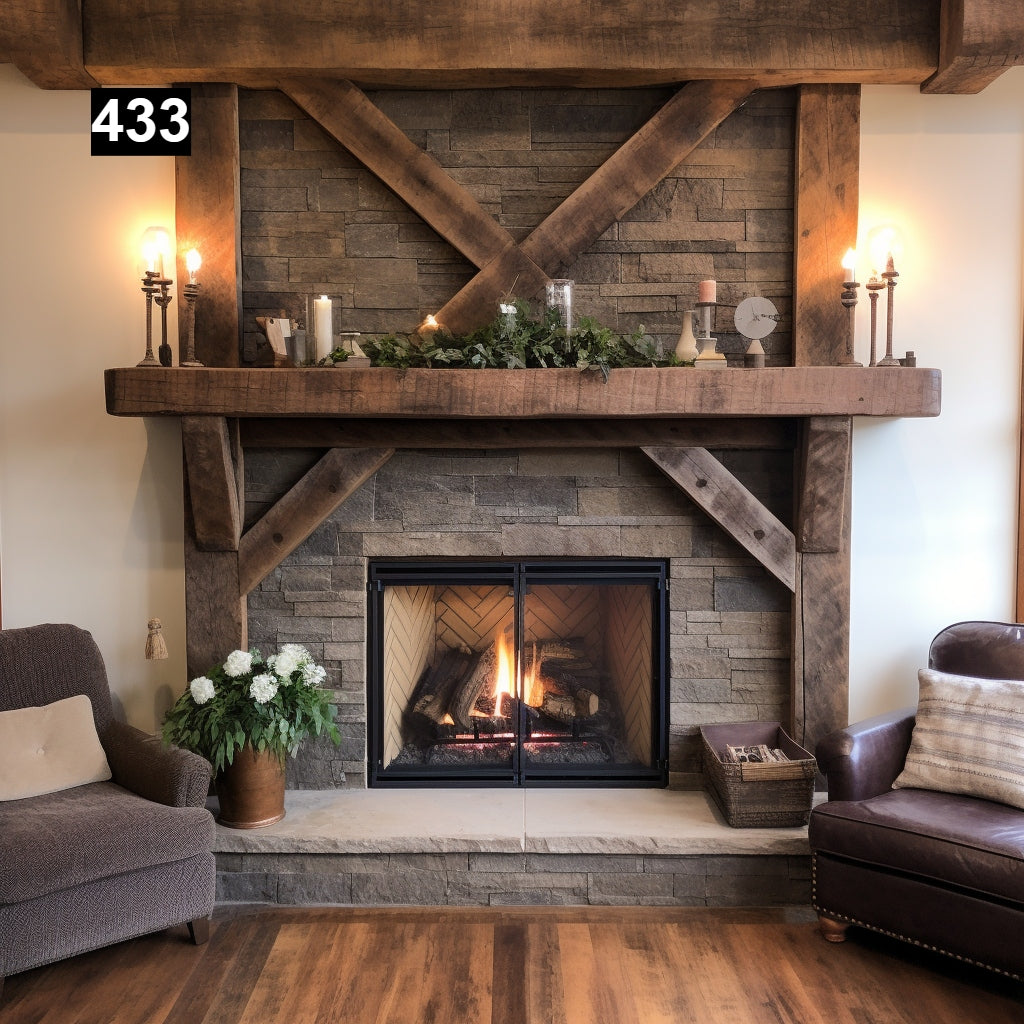 Custom reclaimed wood beam fireplace mantel with legs
