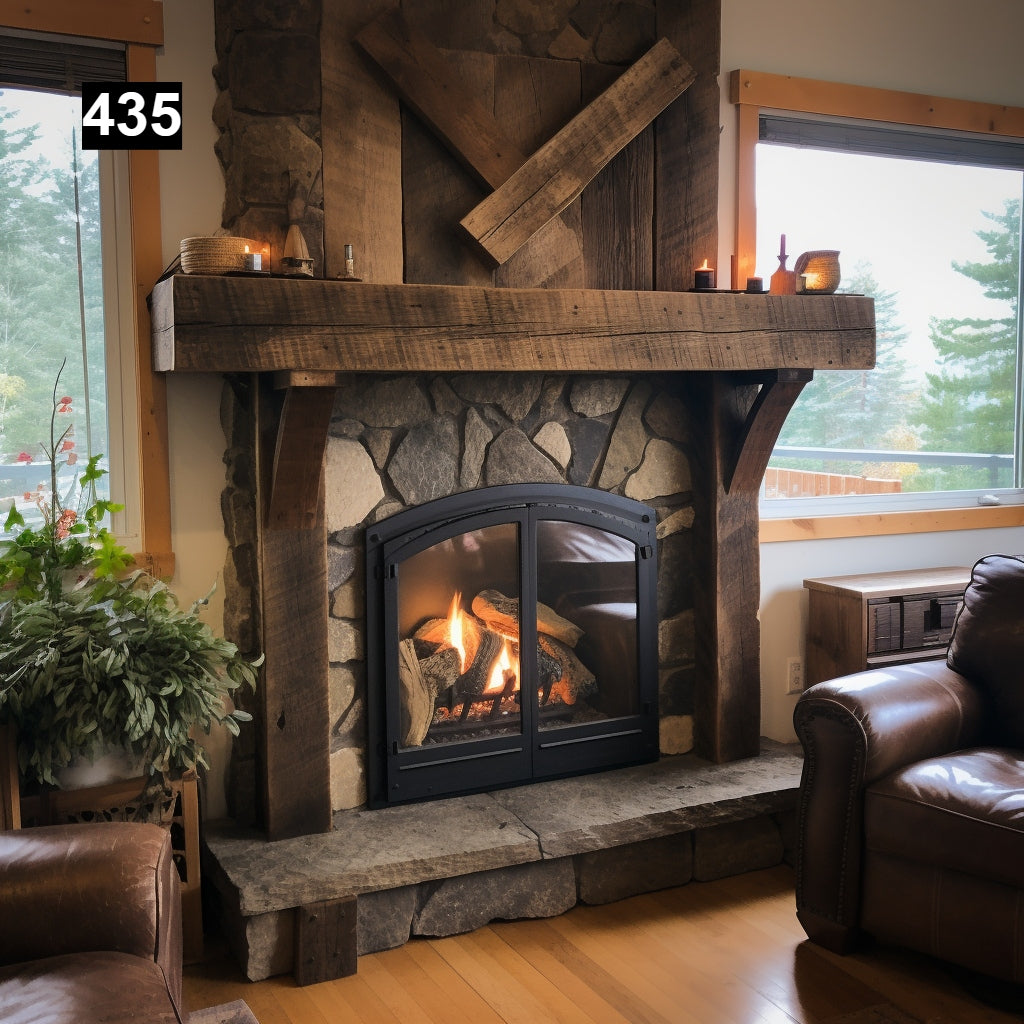 Custom reclaimed wood beam fireplace mantel with legs