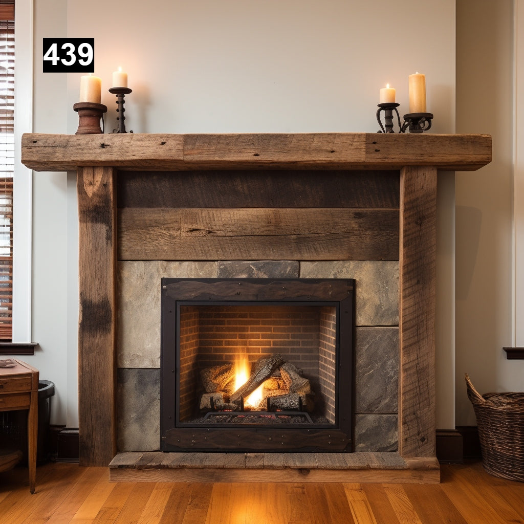 Custom reclaimed wood beam fireplace mantel with legs