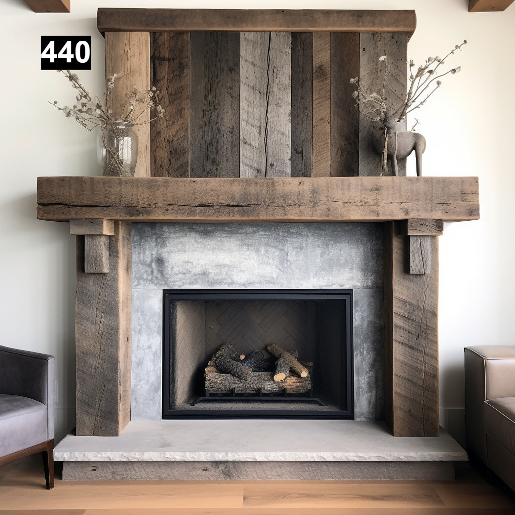 Custom reclaimed wood beam fireplace mantel with legs