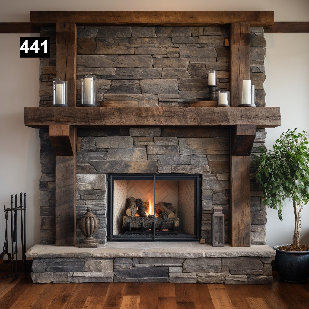 Custom reclaimed wood beam fireplace mantel with legs