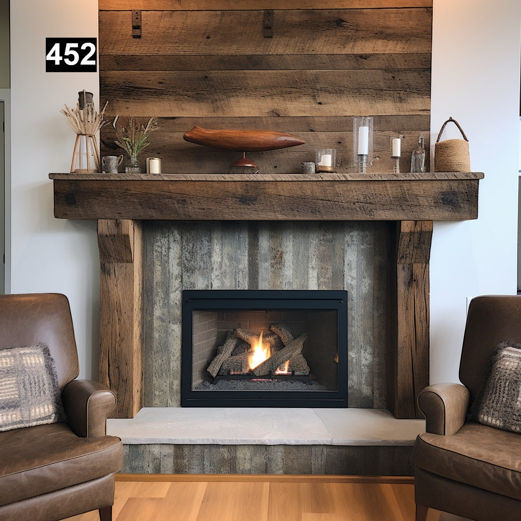 Custom reclaimed wood beam fireplace mantel with legs
