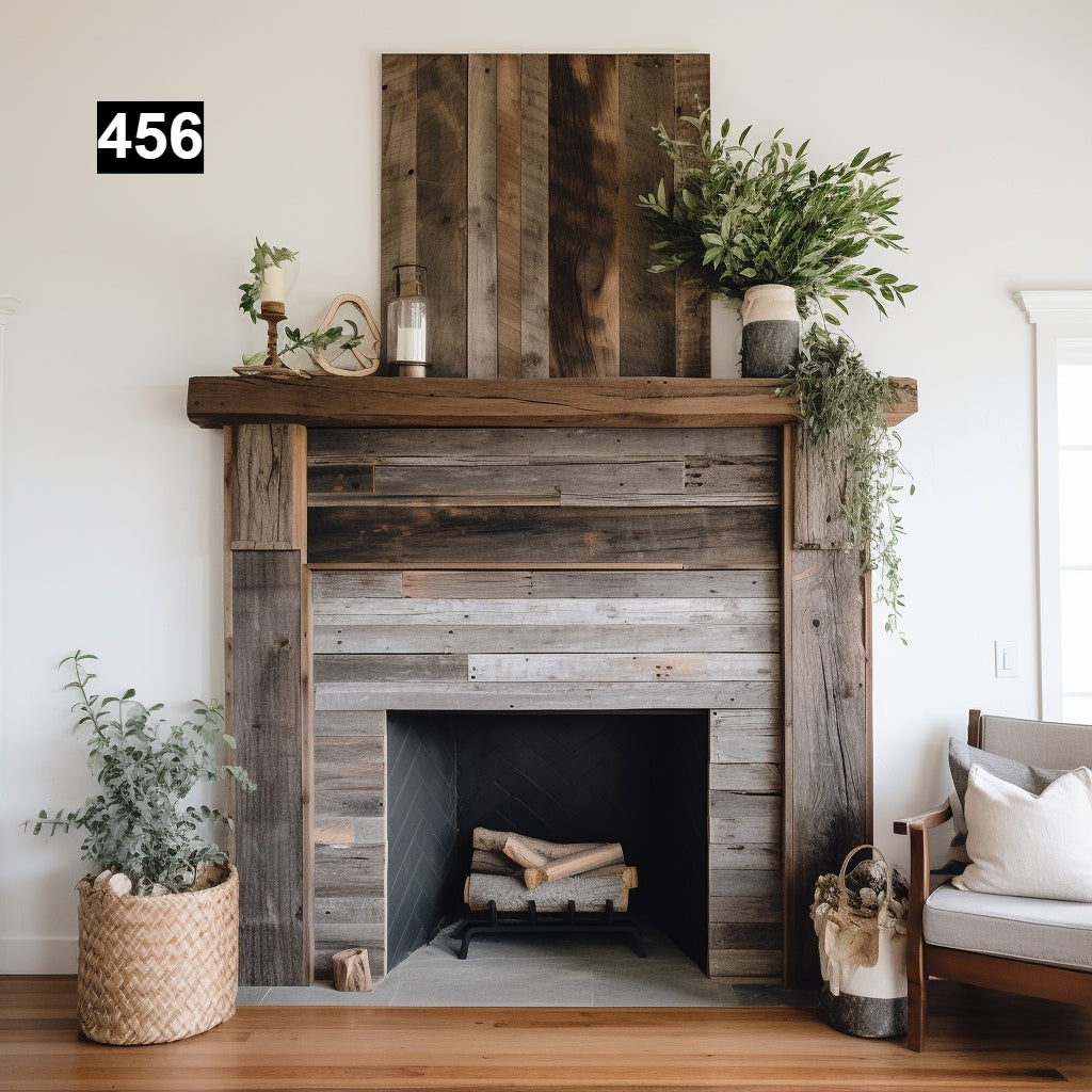 Custom reclaimed wood beam fireplace mantel with legs