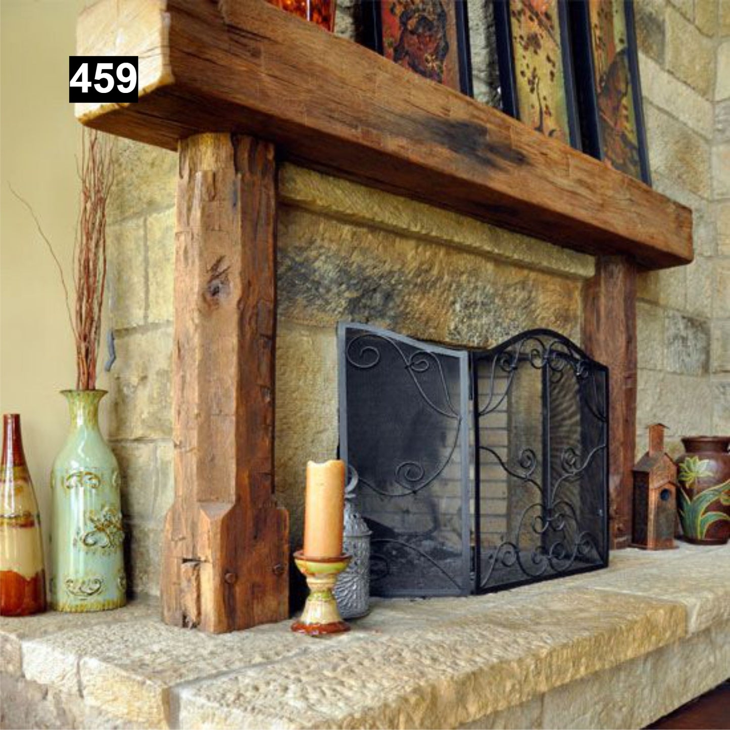 Custom reclaimed wood beam fireplace mantel with legs
