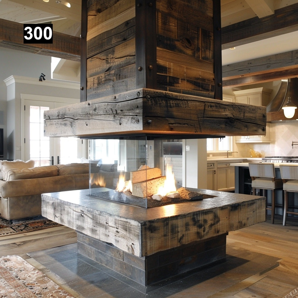 Custom reclaimed wood beam fireplace mantel wrap around