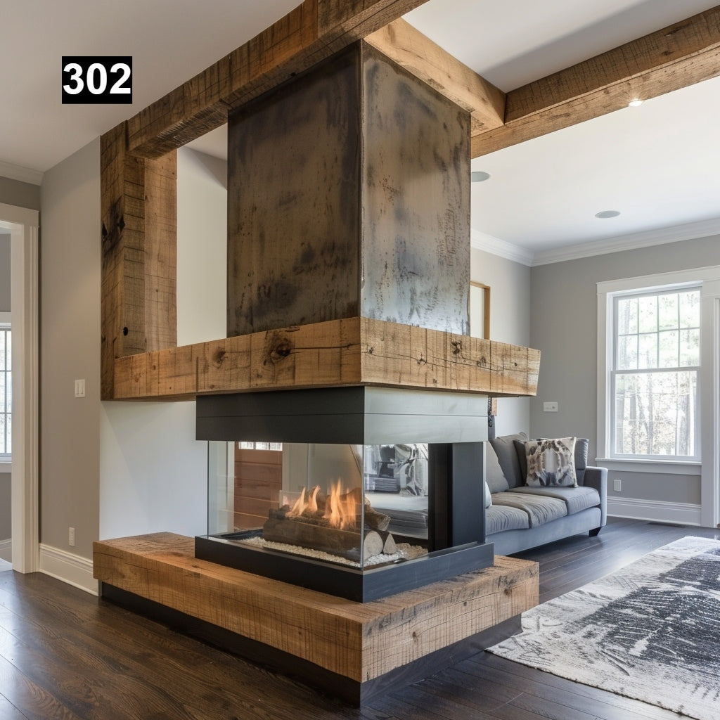 Custom reclaimed wood beam fireplace mantel wrap around
