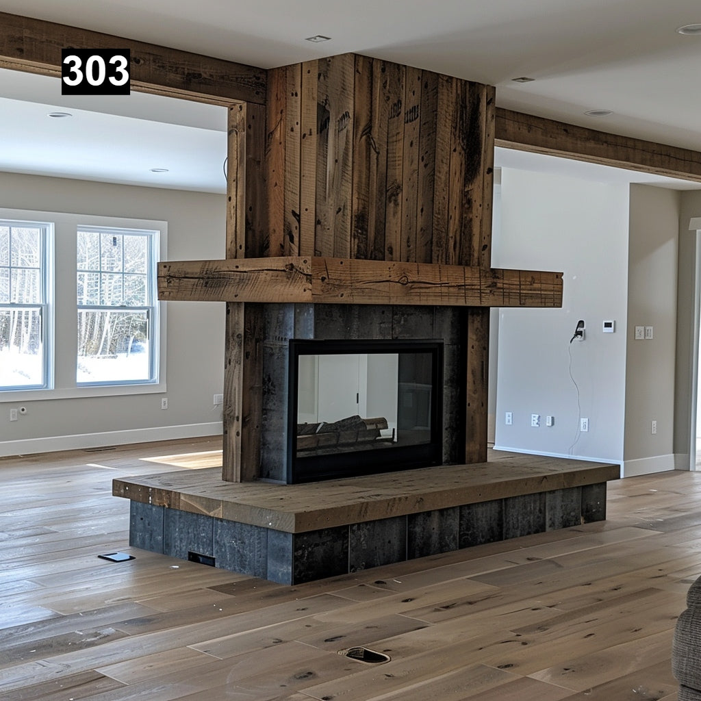 Custom reclaimed wood beam fireplace mantel wrap around