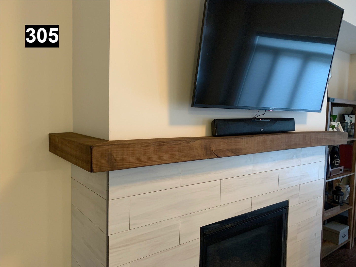 Custom reclaimed wood beam fireplace mantel wrap around