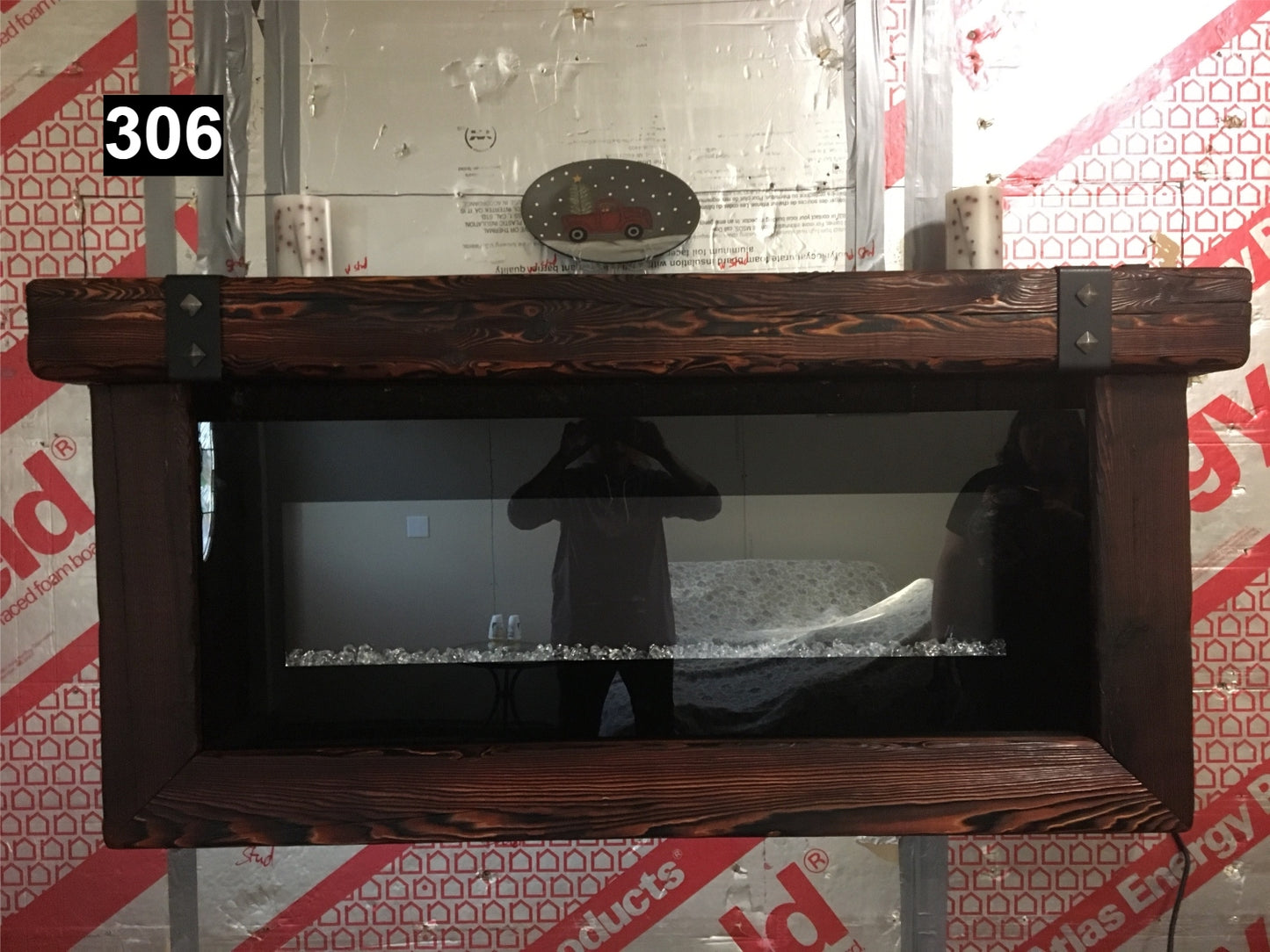 Custom reclaimed wood beam fireplace mantel wrap around