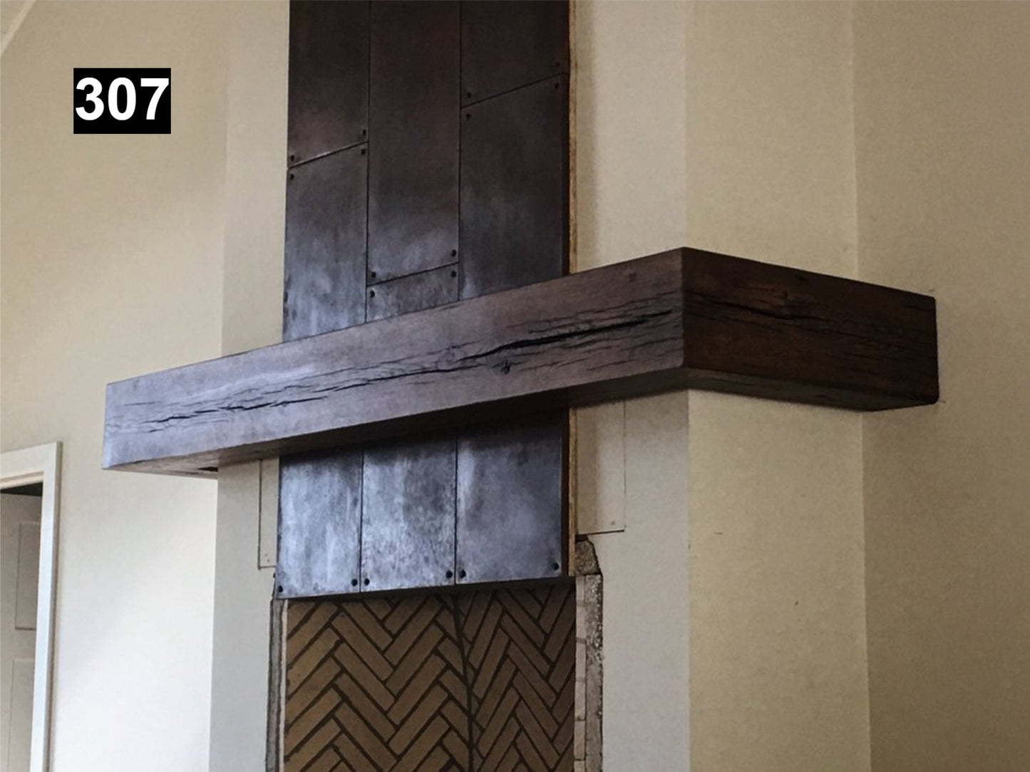 Custom reclaimed wood beam fireplace mantel wrap around
