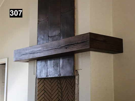 Custom reclaimed wood beam fireplace mantel wrap around