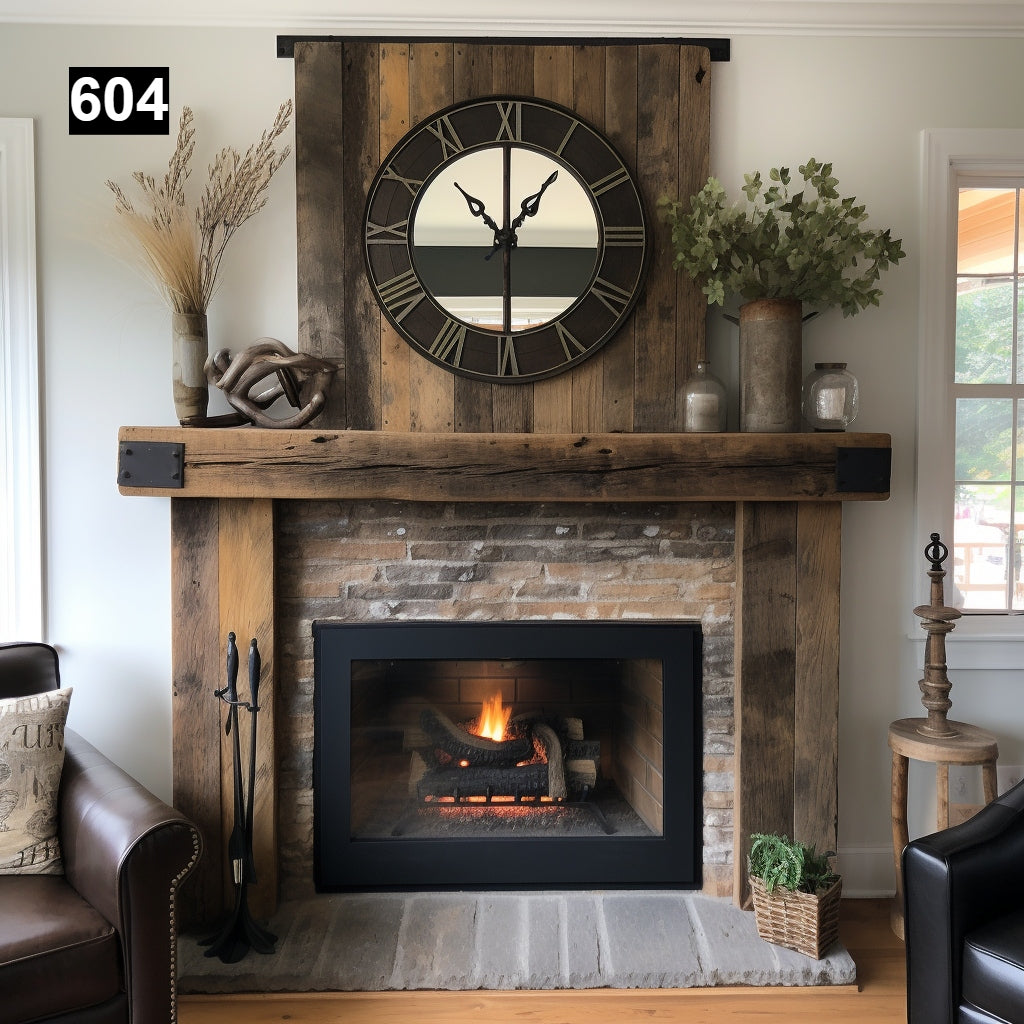 Custom reclaimed wood beam fireplace mantel with iron accents