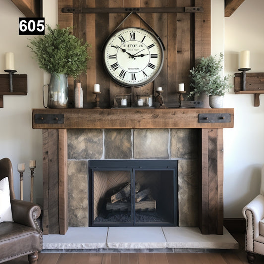 Custom reclaimed wood beam fireplace mantel with iron accents