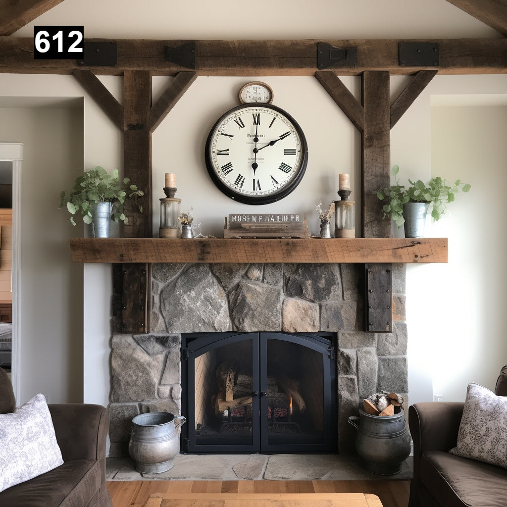 Custom reclaimed wood beam fireplace mantel with iron accents