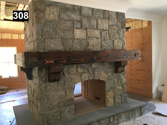 rustic reclaimed wood farmhouse custom beam floating solid distressed handcrafted barn shabby chic fireplace timber vintage style made Canada natural unique eco-friendly home decor iron legs corbels wrap-around
