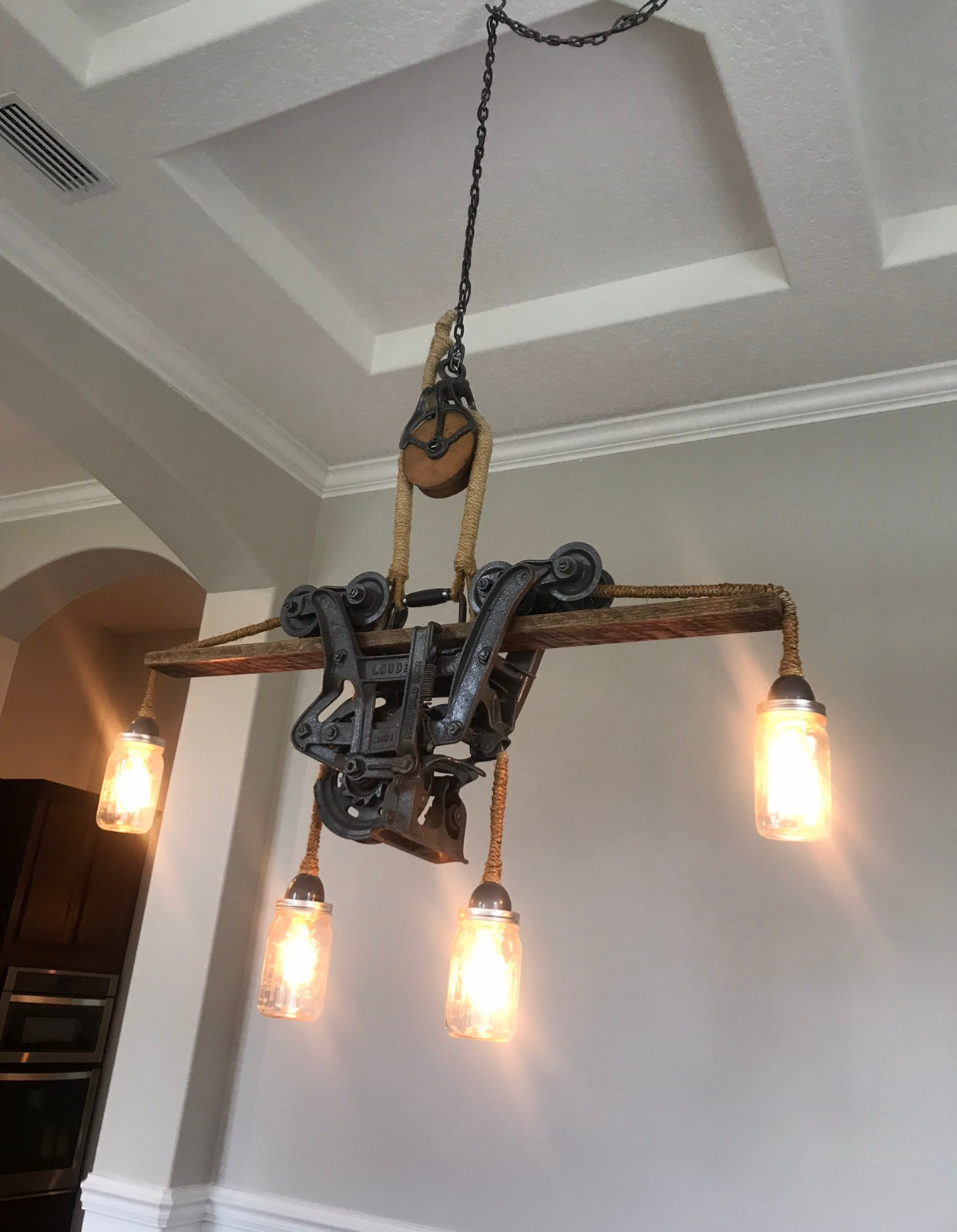 Beautiful hay trolley chandelier with Mason jars L15