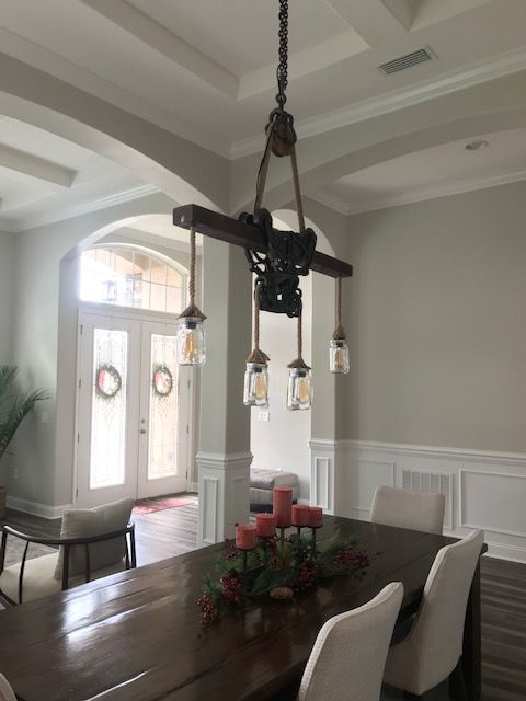 Beautiful hay trolley chandelier with Mason jars L15
