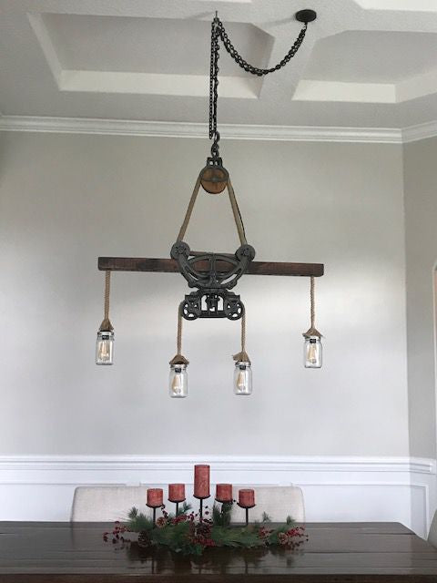 Beautiful hay trolley chandelier with Mason jars L15