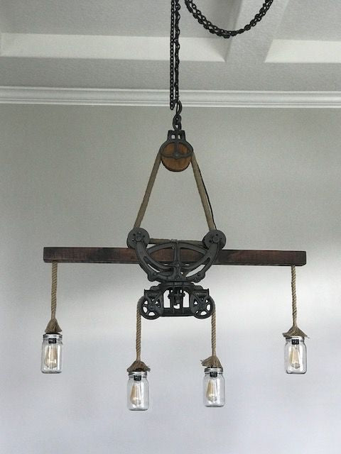 Beautiful hay trolley chandelier with Mason jars L15