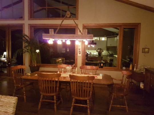 Rustic industrial twin beam chandelier with pulley L24