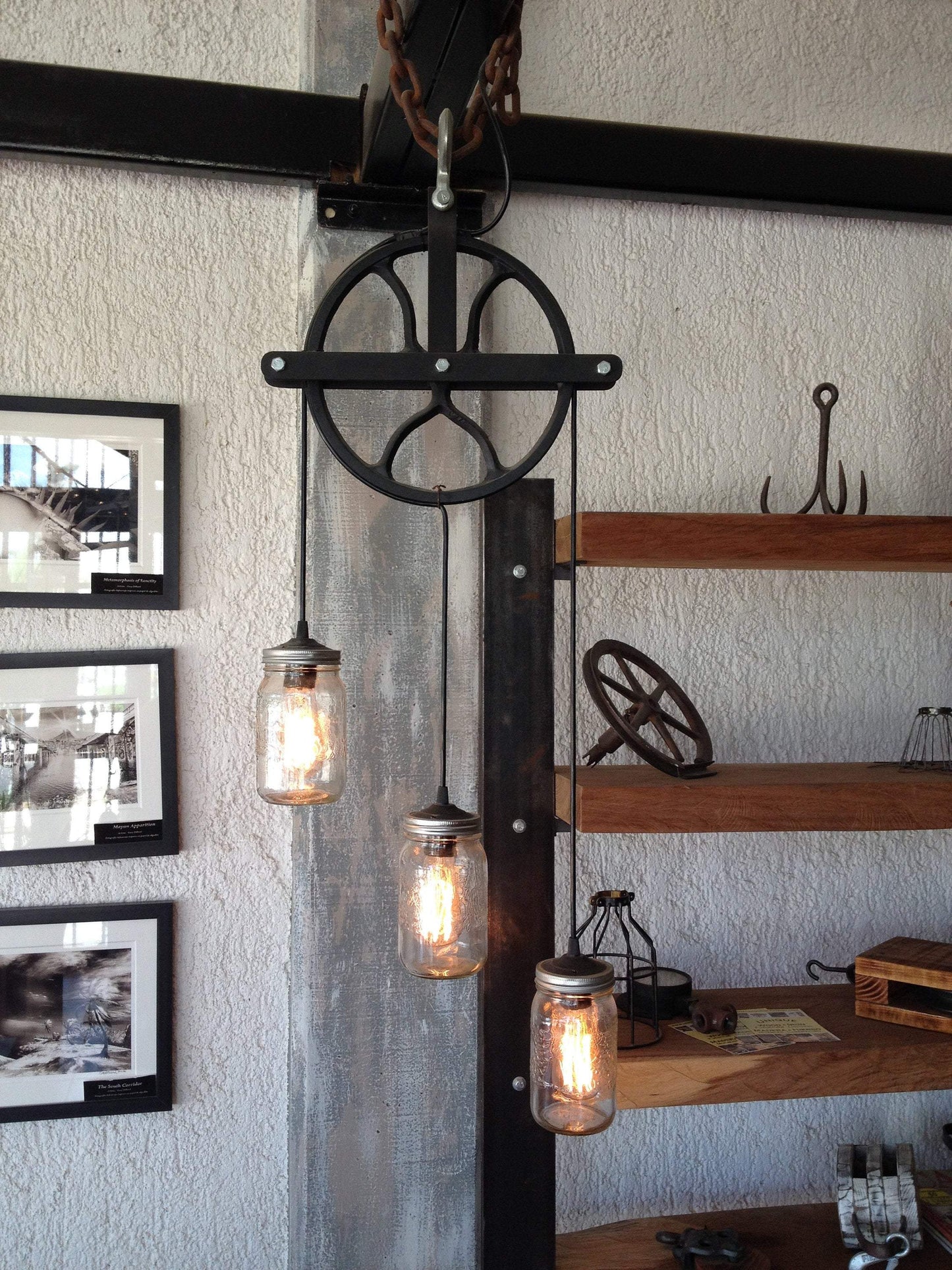 Beautiful Pulley lamp with mason jars