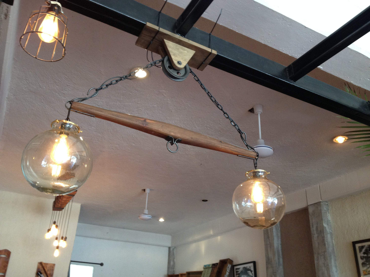 Rustic Yoke Suspended Lamp with Globes and pulley