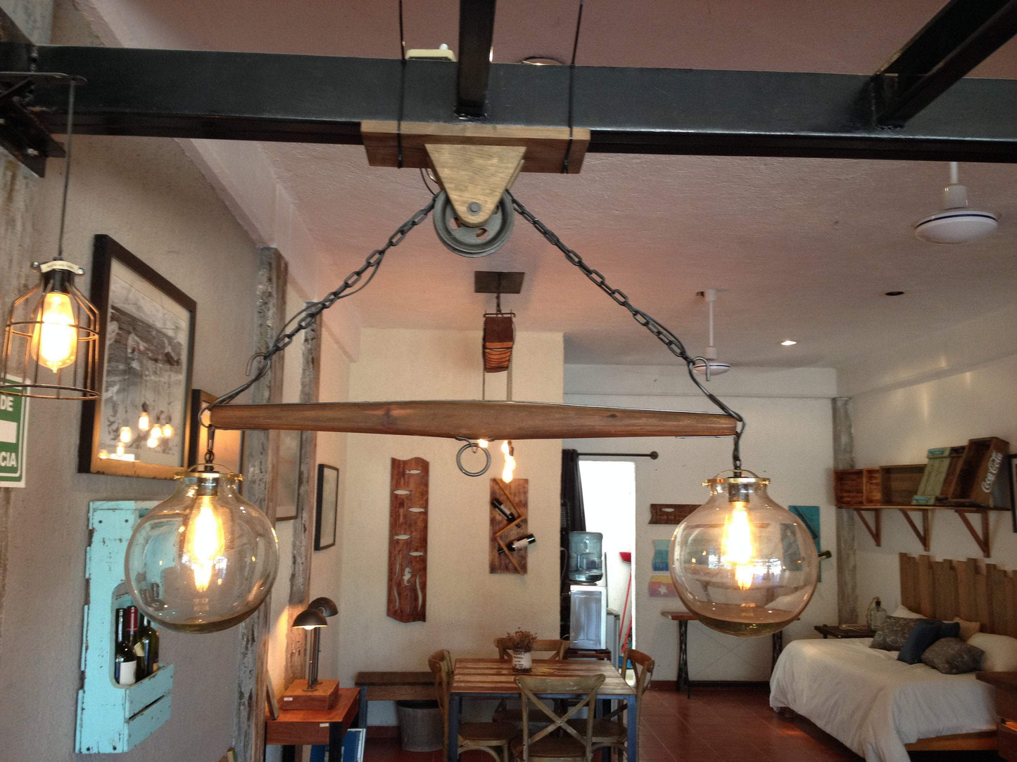 Rustic Yoke Suspended Lamp with Globes and pulley
