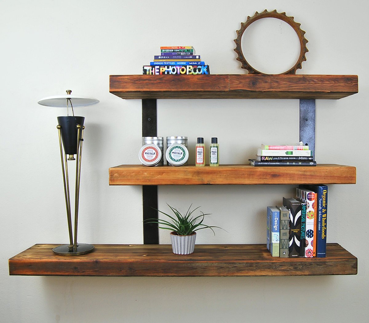 Reclaimed wood and iron wall bookshelf