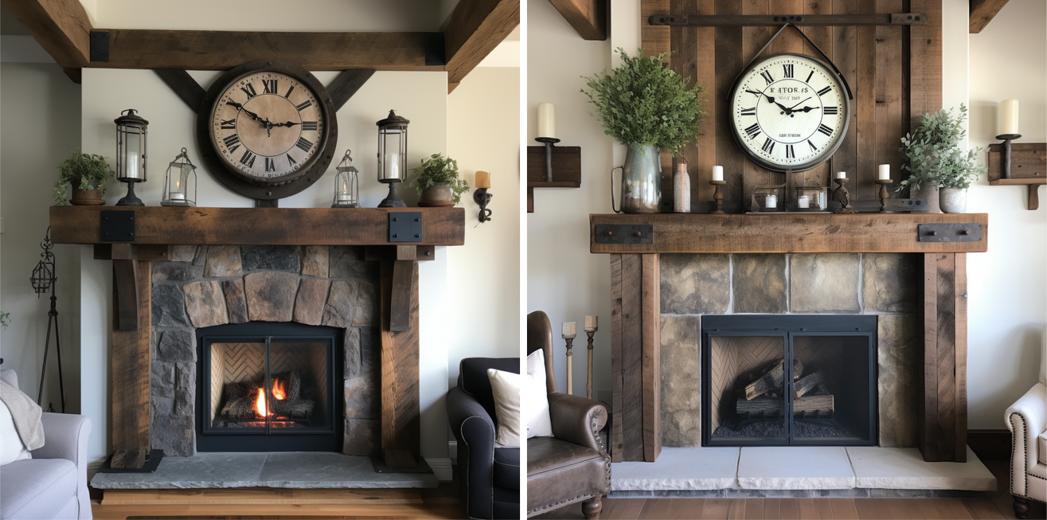 Rustic wood beam fireplace mantel with iron accents