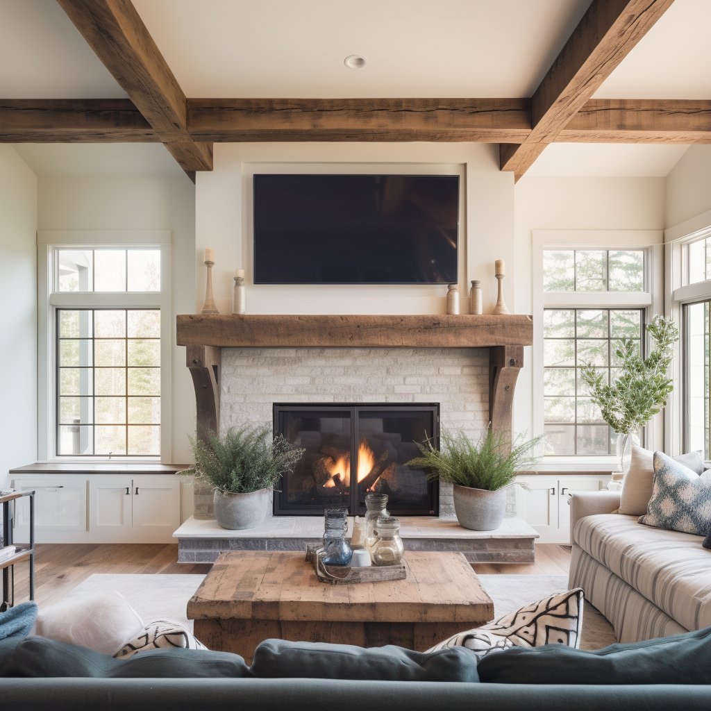 Rustic wood beam fireplace mantel with iron accents