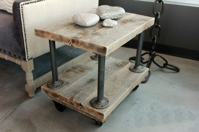 Rustic industrial wood coffee table with iron pipe legs