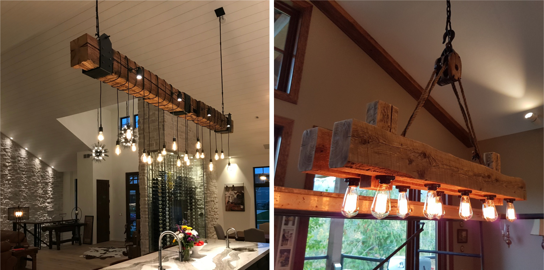 Rustic industrial wood beam chandelier with iron accents and Edison bulbs