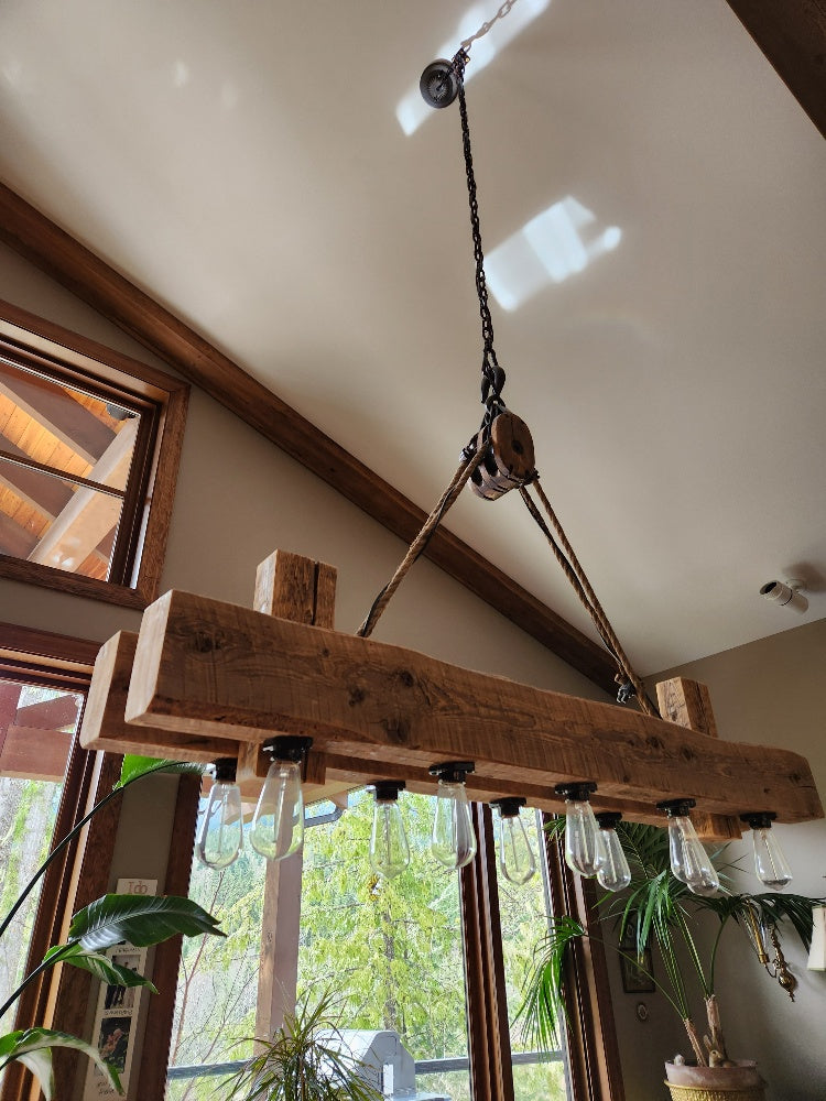 Rustic industrial twin beam chandelier with pulley