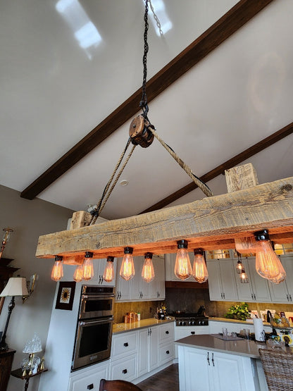 Rustic industrial twin beam chandelier with pulley
