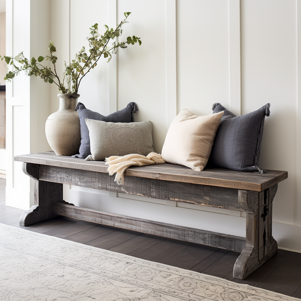 rustic reclaimed wood bench farmhouse seating entryway dining room handcrafted custom solid wood distressed vintage style indoor outdoor natural eco-friendly Canadian made sustainable furniture shabby chic unique grain