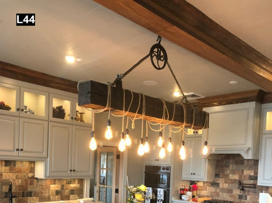 Reclaimed Barn Wood Beam Chandelier with antique pulley