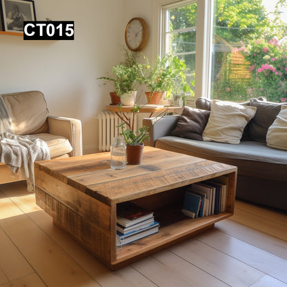 rustic reclaimed wood coffee table farmhouse vintage industrial custom handcrafted solid wood living room furniture natural distressed eco-friendly rectangular square low table centerpiece shabby chic Canadian made unique grain sustainable home decor