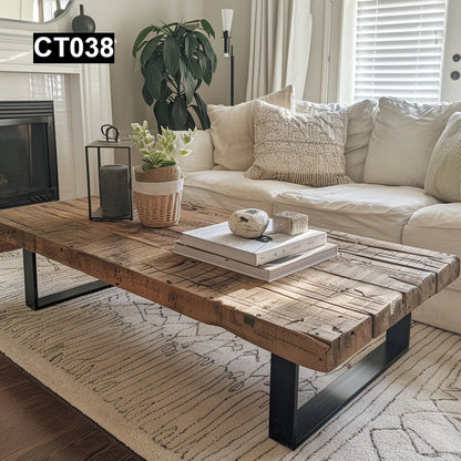 rustic reclaimed wood coffee table farmhouse vintage industrial custom handcrafted solid wood living room furniture natural distressed eco-friendly rectangular square low table centerpiece shabby chic Canadian made unique grain sustainable home decor