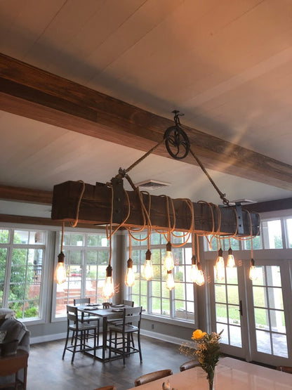 Reclaimed Barn Wood Beam Chandelier with antique pulley L44