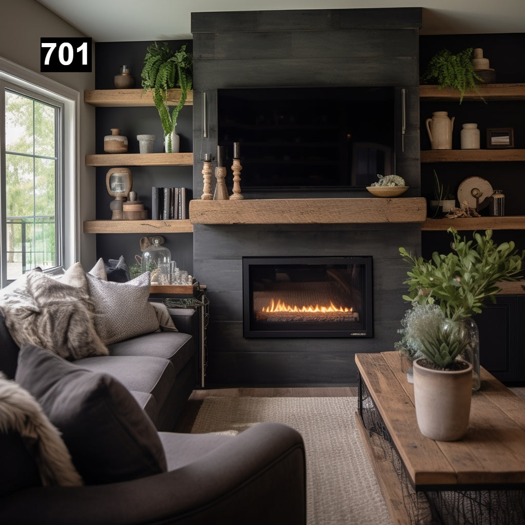 Custom reclaimed wood beam fireplace mantel with matching shelves