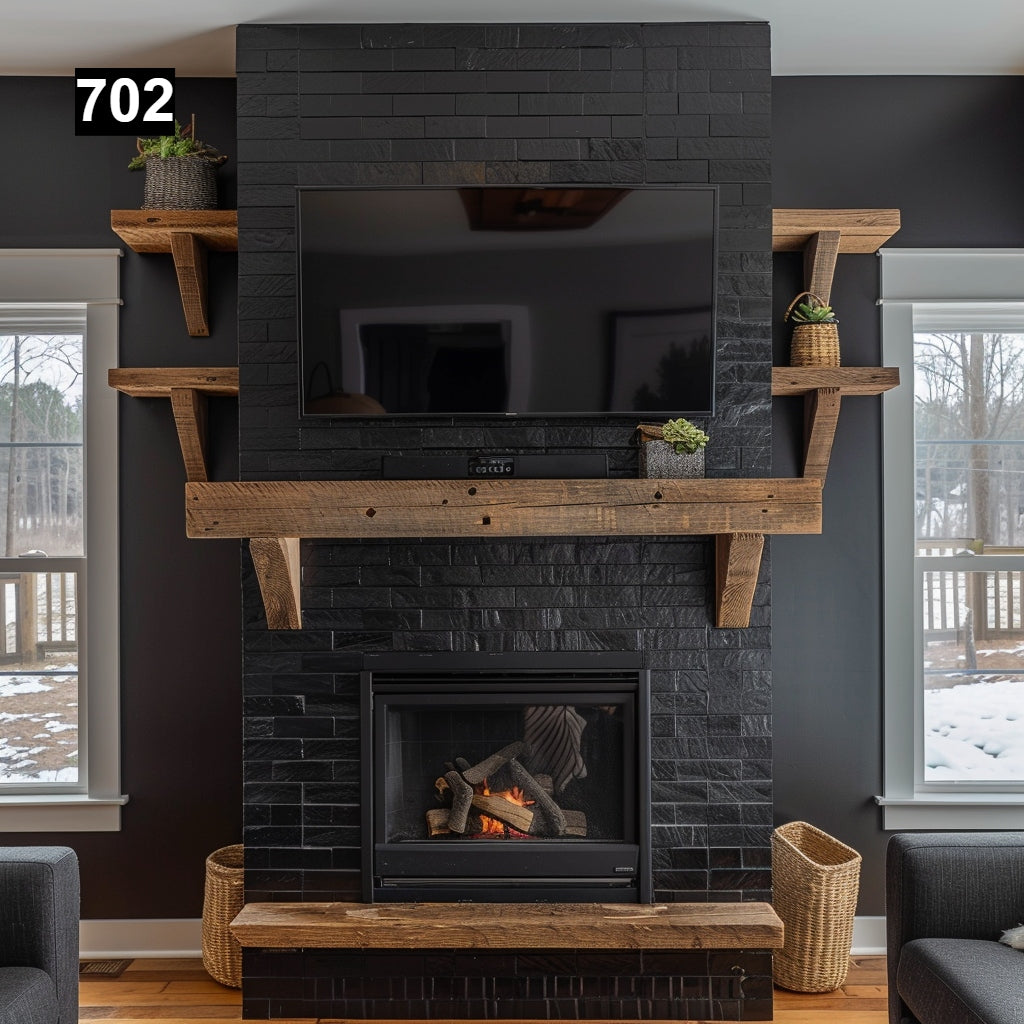 Custom reclaimed wood beam fireplace mantel with matching shelves