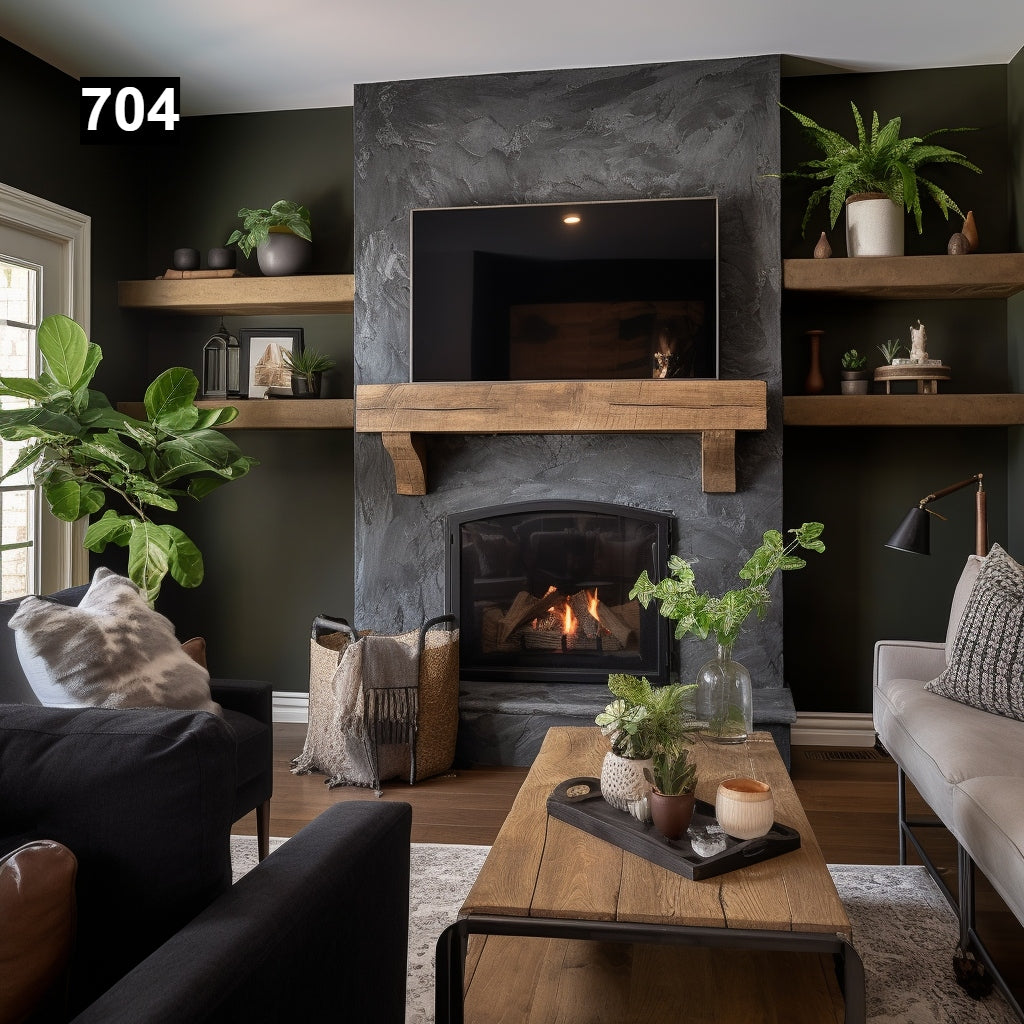 Custom reclaimed wood beam fireplace mantel with matching shelves