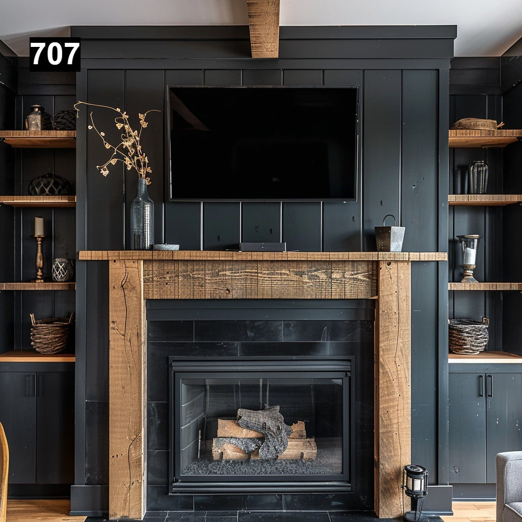 Custom reclaimed wood beam fireplace mantel with matching shelves