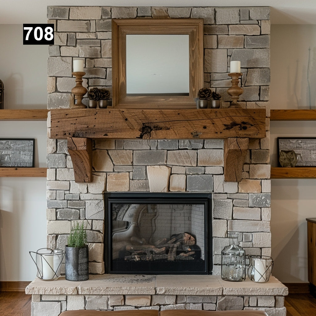 Custom reclaimed wood beam fireplace mantel with matching shelves