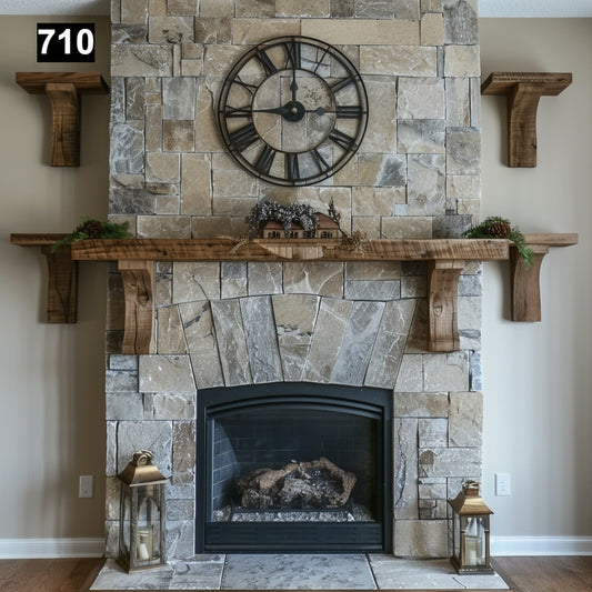 Custom reclaimed wood beam fireplace mantel with matching shelves