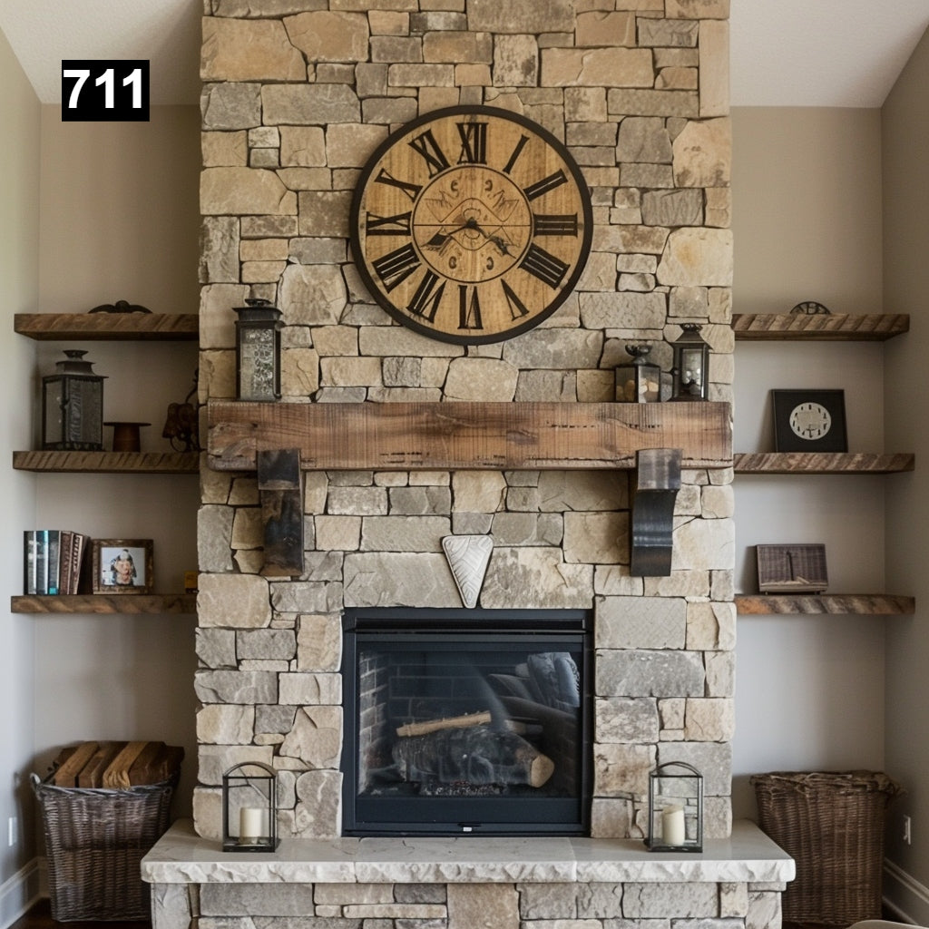 Custom reclaimed wood beam fireplace mantel with matching shelves