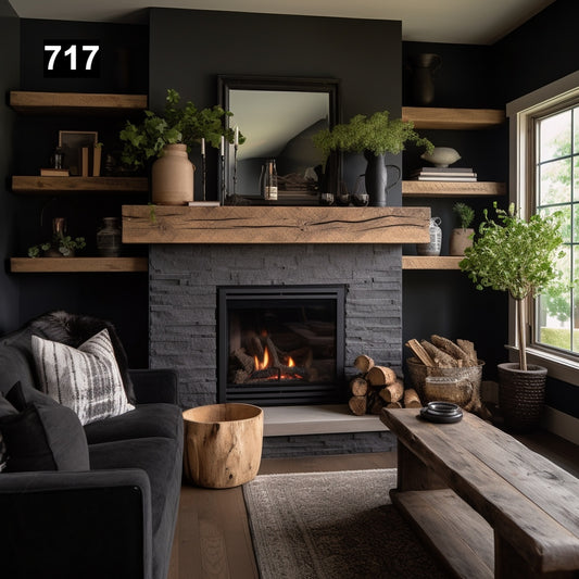 Custom reclaimed wood beam fireplace mantel with matching shelves