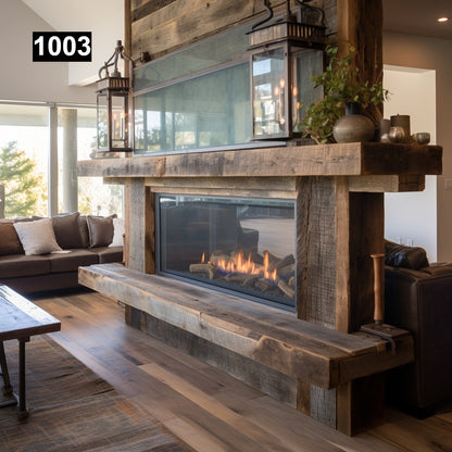 rustic reclaimed wood farmhouse custom beam floating solid distressed handcrafted barn shabby chic fireplace timber vintage style made Canada natural unique eco-friendly home decor iron legs corbels wrap-around