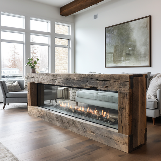 rustic reclaimed wood farmhouse custom beam floating solid distressed handcrafted barn shabby chic fireplace timber vintage style made Canada natural unique eco-friendly home decor iron legs corbels wrap-around