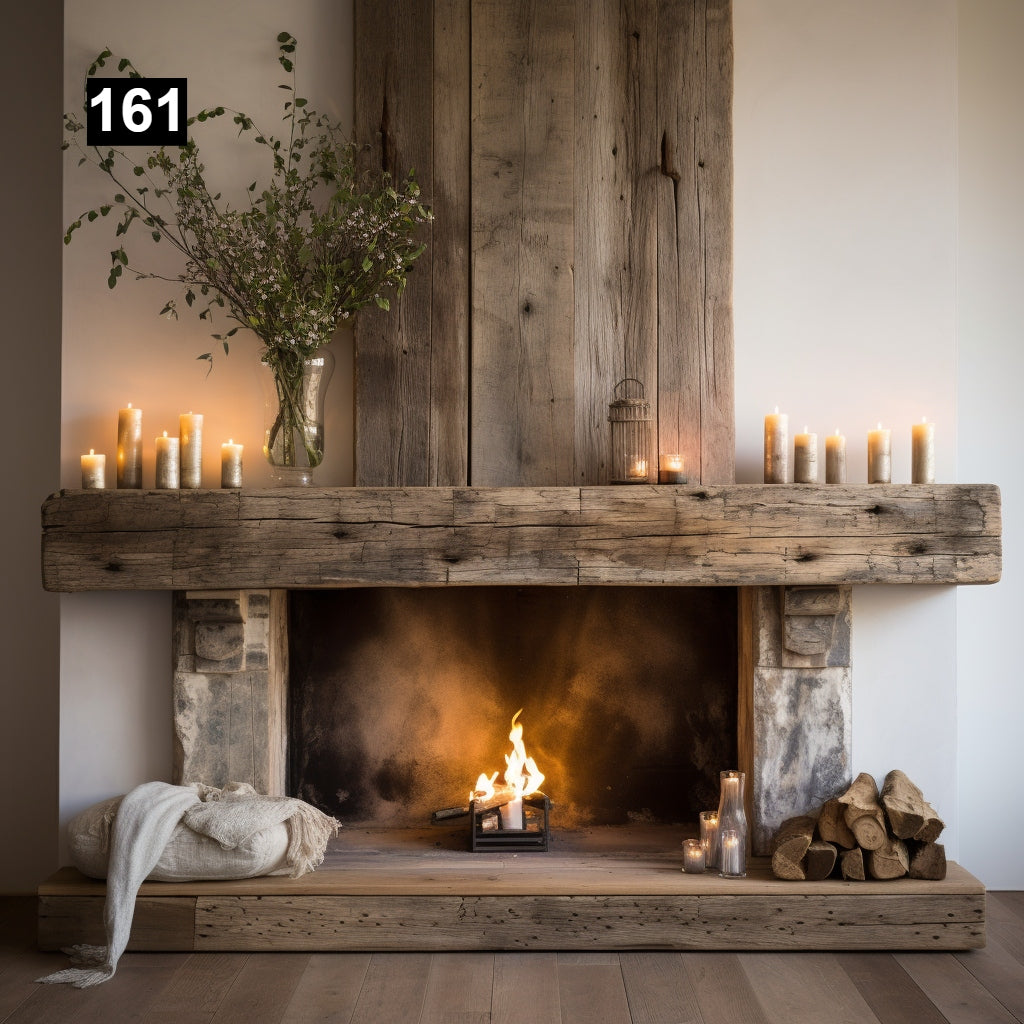 rustic reclaimed wood farmhouse custom beam floating solid distressed handcrafted barn shabby chic fireplace timber vintage style made Canada natural unique eco-friendly home decor iron legs corbels wrap-around